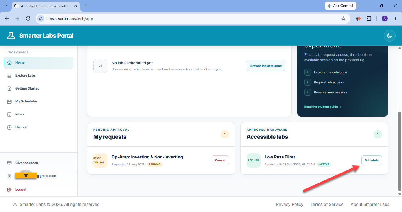 The student dashboard: one pending request for the op-amp lab, and an approved Low Pass Filter lab with an arrow pointing at its Schedule button.