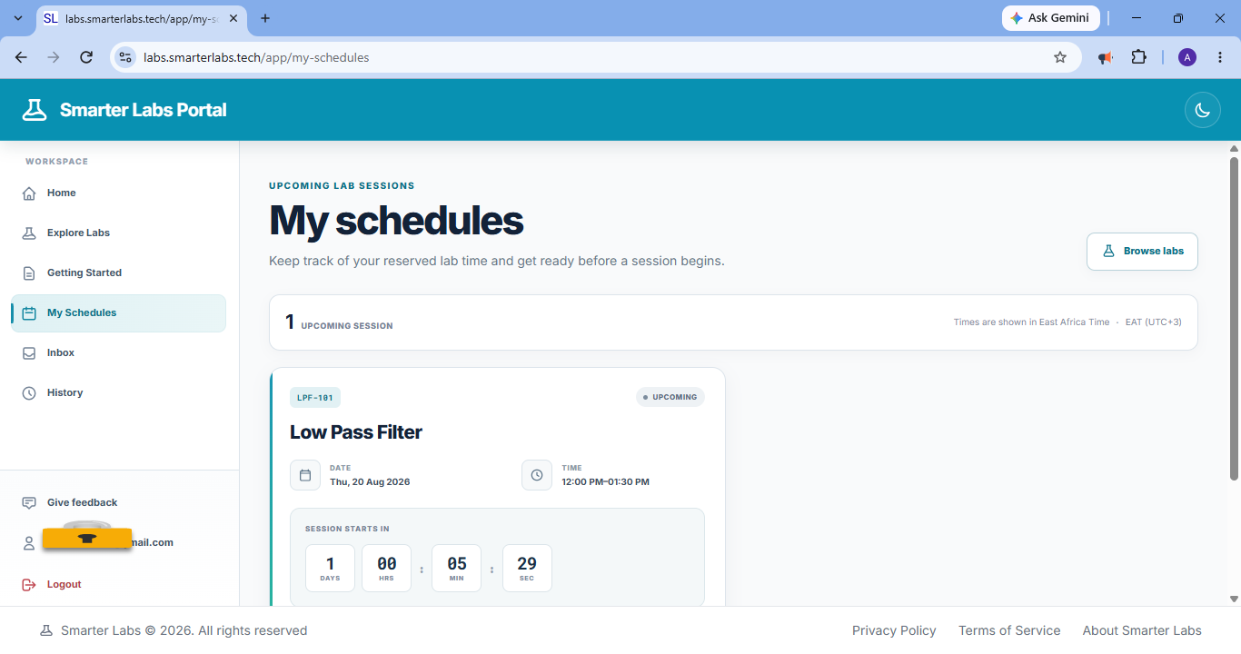 My Schedules showing one upcoming Low Pass Filter session on Thursday 20 August, 12:00 to 13:30, with a countdown reading one day and five minutes.