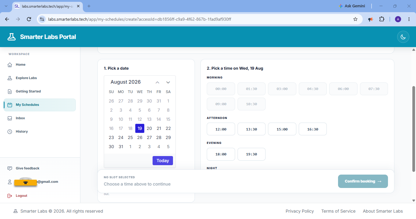 The booking page: an August calendar with the 19th selected, beside time slots grouped into morning, afternoon, evening and night, and a Confirm booking button.